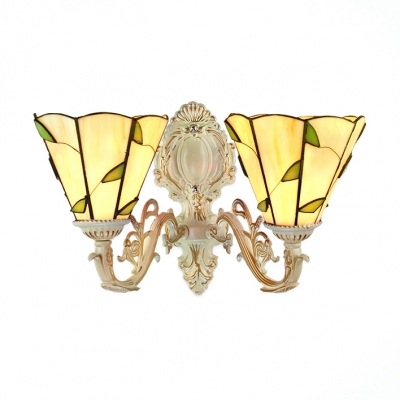 2-Light Tiffany Upward Wall Sconce Leaf Theme with Beige Glass Shade, 16