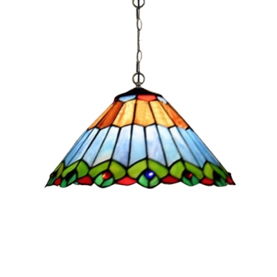 12" W Living Room Hanging Fixture with Peacock Tail Glass Shade in Colorful Finish, Tiffany Vintage Style