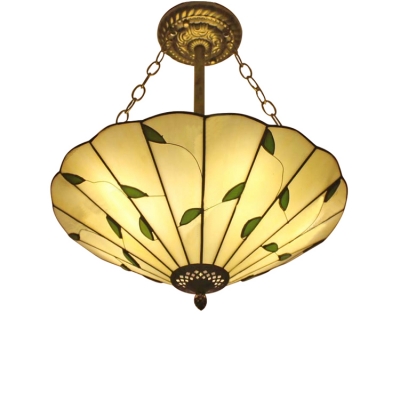 16/19-Inch Wide Conical Shade Tiffany Art Glass Inverted Pendant Light with Leaves Decorated, Antique Brass Finish