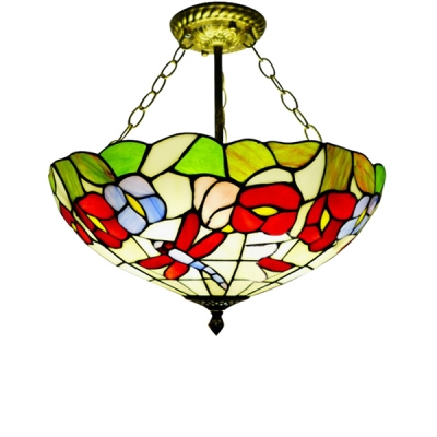 3 Light Semi-Flush Mount Ceiling Fixture with Tiffany-Style Colorful Flower and Dragonfly Glass Shade, 16" Wide
