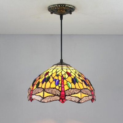 12-Inch Wide Tiffany Style Dome Shaped Pendant Light with Dragonfly Glass Shade in Colorful Finish