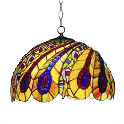 Vintage Colorful Tiffany 2-Light Pendant Light with Peacock Tail Pattern Shade, 16