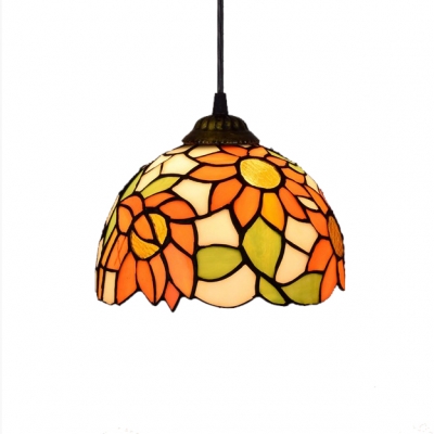 Sunflower Series Countryside Style Hanging Lamp, 8" W Dome Shade in Multicolor Finish, with Tiffany Glass