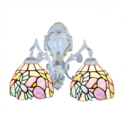 14-Inch Wide Tiffany Glass Wall Sconce with Colorful Flower and Robin Shade, 2-Light