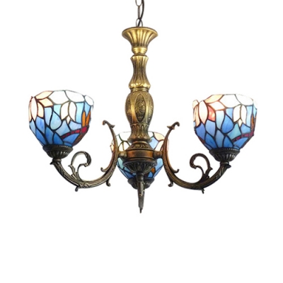 Blue Glass Shade Inverted Ceiling Light 26"W Chandelier Tiffany with 3-Light in Antique Brass Finish