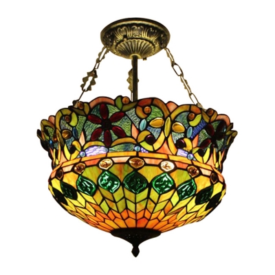 18" Wide Tiffany Style 5-Light Semi-Flush Fixture Peacock Tail Colorful Pattern Glass Shade