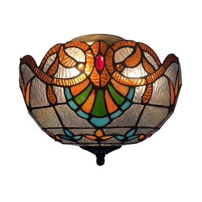 Flush Mount Ceiling Light with 8-Inch Wide Lampshade in Baroque Style and Tiffany Multicolored Glass