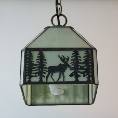 Forest and Deer Theme Mini-Pendant Light for Loft with Tiffany Stained Glass in White & Black