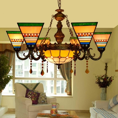 Tiffany Style 6 Light Triangle Glass Shade Hanging Chandelier with Bowl Pendant