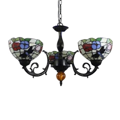 Three Light Dragonfly Mix Flowers Chandelier with Multicolored Glass Shade