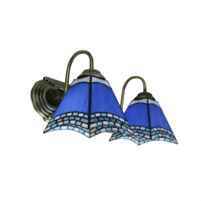 Vintage Tiffany 2 Light Double Wall Sconce with Art Glass Shade in Blue, 16-Inch Wide