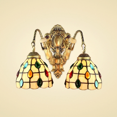 14-Inch Wide Tiffany Glass Shade 2-Light Wall Sconce with Grid Pattern Embellished in Multicolor