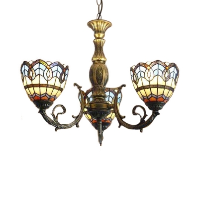 Blue Glass Shade Inverted Ceiling Light Tiffany Chandelier with 3 Lights in Antique Brass Finish