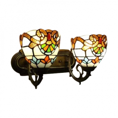 Vintage Baroque Tiffany Style Double Light Wall Sconce with Multicolored Glass Shade in 16-Inch Wide