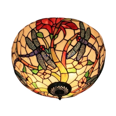 Multicolored Dragonfly and Floral Flush Mount Ceiling Light with Tiffany Style Art Glass, 2 Light