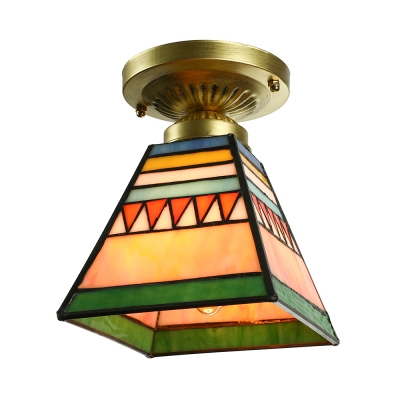 Colorful Pyramid Shaped Flush Mount Ceiling Light with Tiffany Mission Glass Shade, 6