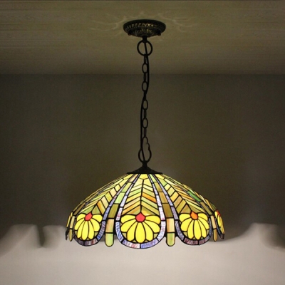Tiffany-Style Ceiling Pendant Fixture 2 Light and Glass Shade in Green & Yellow
