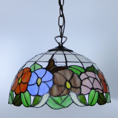 Multicolored Floral Pendant Light Tiffany Style 2-Light Ceiling Fixture with Art Glass Shade, 16-Inch Wide