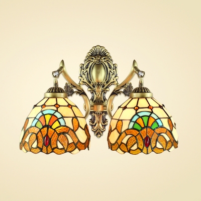 14-Inch Wide Tiffany Dome Glass Shade Wall Sconce in Victorian Style, 2-Light, Multicolored