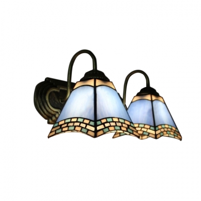 

Vintage Tiffany 2 Light Double Wall Sconce with Art Glass Shade in Blue, 16-Inch Wide, HL468676