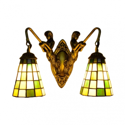 16-Inch Wide Tiffany Two Light Wall Sconce with Plaid Pattern Glass Shade in Green