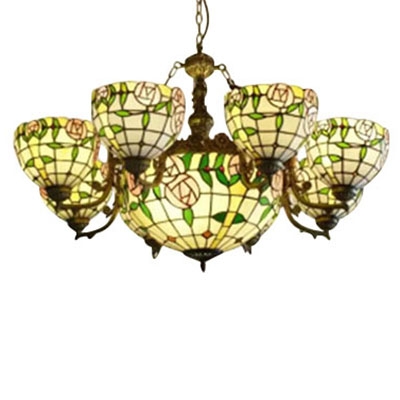 Classic Stained Glass 8 Arms Flower Chandelier with 12 Inches Inverted Chandelier