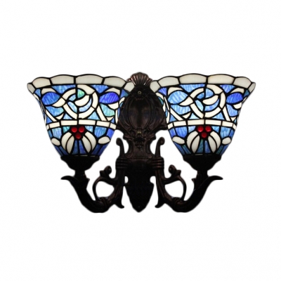 Blue Victorian Stained Glass Shade Indooor Sconce Lighting, Double Light