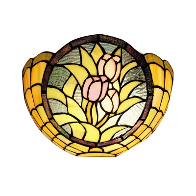 Splendid Bowl Shaped Floral 2-Light Wall Sconce Tiffany Style Hallway Lamp, 12" Wide