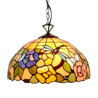 Colorful Dome Glass Shade Ceiling Pendant Fixture in Tiffany Dragonfly Floral Style, Two Light 16
