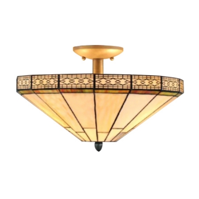 2-Light Semi-Flush Mount Ceiling Fixture with Tiffany White Stained Glass, 16-Inch Wide Conical Lampshade