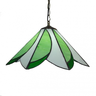 Geometric Pendant Light  Antique Art Glass Shade, White & Green in Tiffny Style