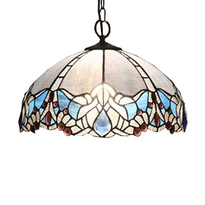 Baroque Style Brightly Hued 2 Light Ceiling Pendant with Tiffany Dome Pattern Glass Shade for Living Room