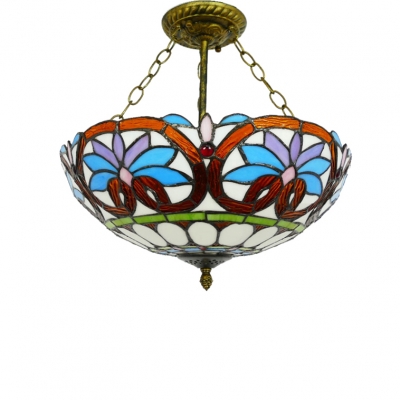 Vintage Victorian Tiffany-Style Three Light Semi-Flush Mount Ceiling Fixture, 16-Inch Wide, Up Lighting