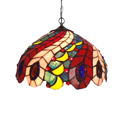 Peacock Tail Pattern Tiffany 12" W Ceiling Pendant Fixture with Multicolored Glass Shade