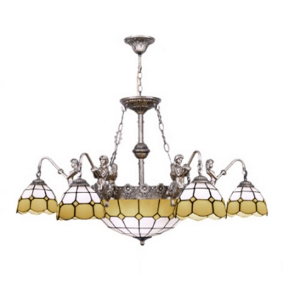 Traditional Tiffany Style 6 Arms Belle Support Yellow&White Chandelier with Inverted Hanging Pendant