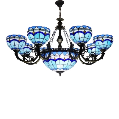 Indoor Inverted Hanging Chandelier with Sky Blue Stained Glass Shade