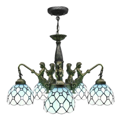 Mermaid Supported 24 Inch Five-light Chandelier in Tiffany Stained Glass Style