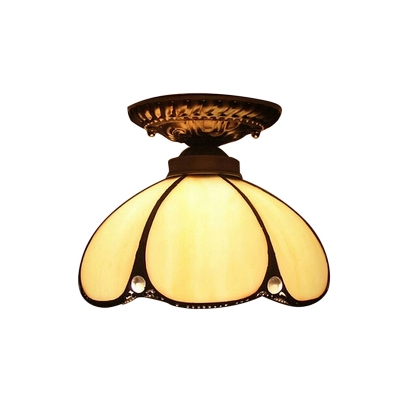 8-Inch Wide Lotus Shaped Flush Mount Ceiling Light with Tiffany Blue/Beige Stained Glass