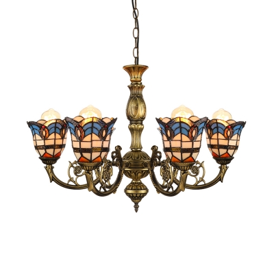 30 Inch Wide Shabby Chic Style Stained Glass Shade 6-Bulb Inverted Chandelier Light for Living Room