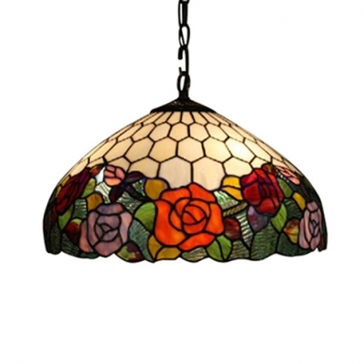 Tiffany-Style Hummingbirds and Floral Hanging Pendant with Colorful Art Glass Shade, 16