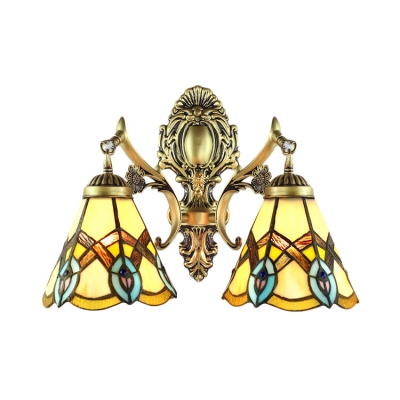 

Two Light Tiffany Wall Lamp with 14-Inch Wide Peacock Glass Shade in Conical Shape, Colorful, HL468586