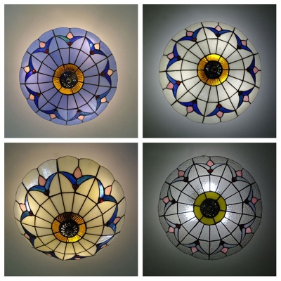 12" Wide Flush Mount Ceiling Light with Tiffany Glass Tulip Shade in White/Blue/Beige/Clear