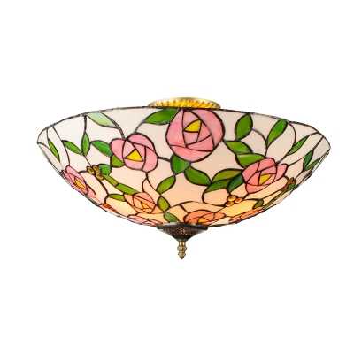 Five Light Flush Mount Ceiling Fixture with Pink Rose Pattern Tiffany Glass Shade, 20" Wide