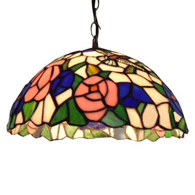 12" Wide Ceiling Pendant Fixture with Rose Dome Glass Shade, Tiffany Style, Multicolored