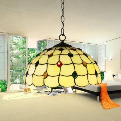 Yellow Dome Glass Shade with Multicolored Jewels Tiffany  Vintage Ceiling Fixture 12
