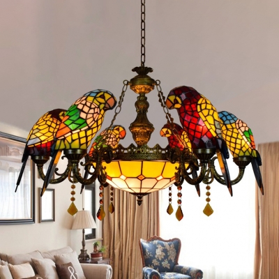 Parrot Tiffany Chandeliers 6 Heads Stained Glass LED Ceiling Fixtures Pendant Lamp