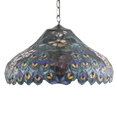 18-Inch Wide 2 Light Ceiling Pendant Fixture with Tiffany Peacock Tail Pattern Glass Shade, Multi-Colored