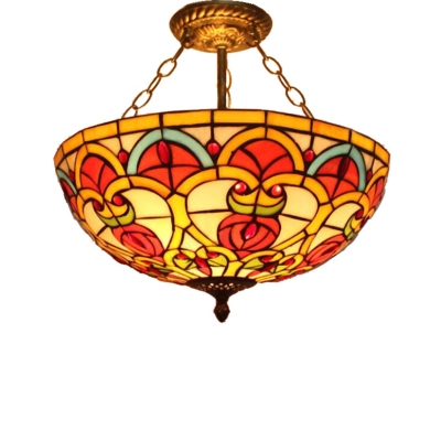 Gorgeous Inverted Pendant Light Tiffany Double Light Semi Flush Mount in Baroque Style, 12-Inch Wide Glass Shade