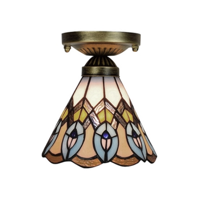 6-Inch Wide Mini Flush Mount Ceiling Light with Peacock Tail Pattern and Tiffany Stained Glass Shade, Multicolored