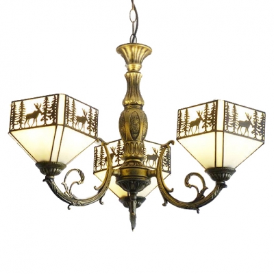 3-Head Coutrylife Deer Inverted Tiffany Glass Shade Chandelier in Antique Brass